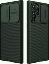 Луксозен твърд гръб със силиконова рамка Nillkin Cam Shield Pro за Samsung Galaxy S22 Ultra 5G S908 тъмно зелен 